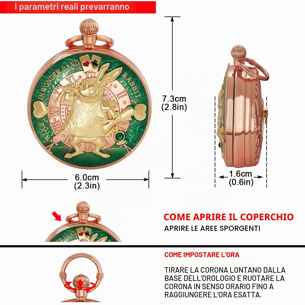 Tiong Orologio da taschino Alice nel paese delle meraviglie con carillon a manovella, con catena, regalo di compleanno e laurea