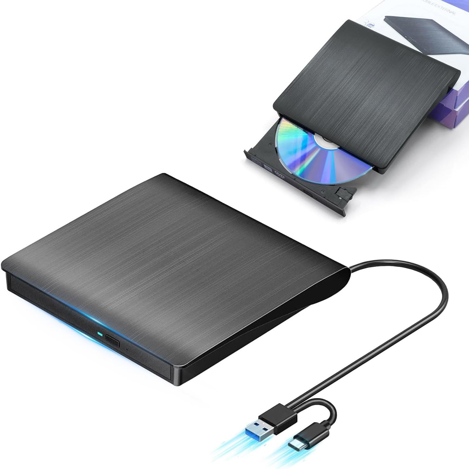 CD DVD Drive, External (2024 Innovation Model) External DVD Drive, High Speed Processing, 8XDVD & 24XCD Optical Drive External Read/Write, Bus-Powered, USB 2.0/3.0 & Type-C Connection, External CD