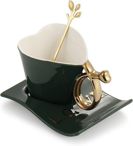 Miniatura 1 de YEBAOHAO Taza de café de cerámica de 5.4 fl oz y platillo con taza de té de cuchara Tazas de té especiales en forma de corazón (azul)