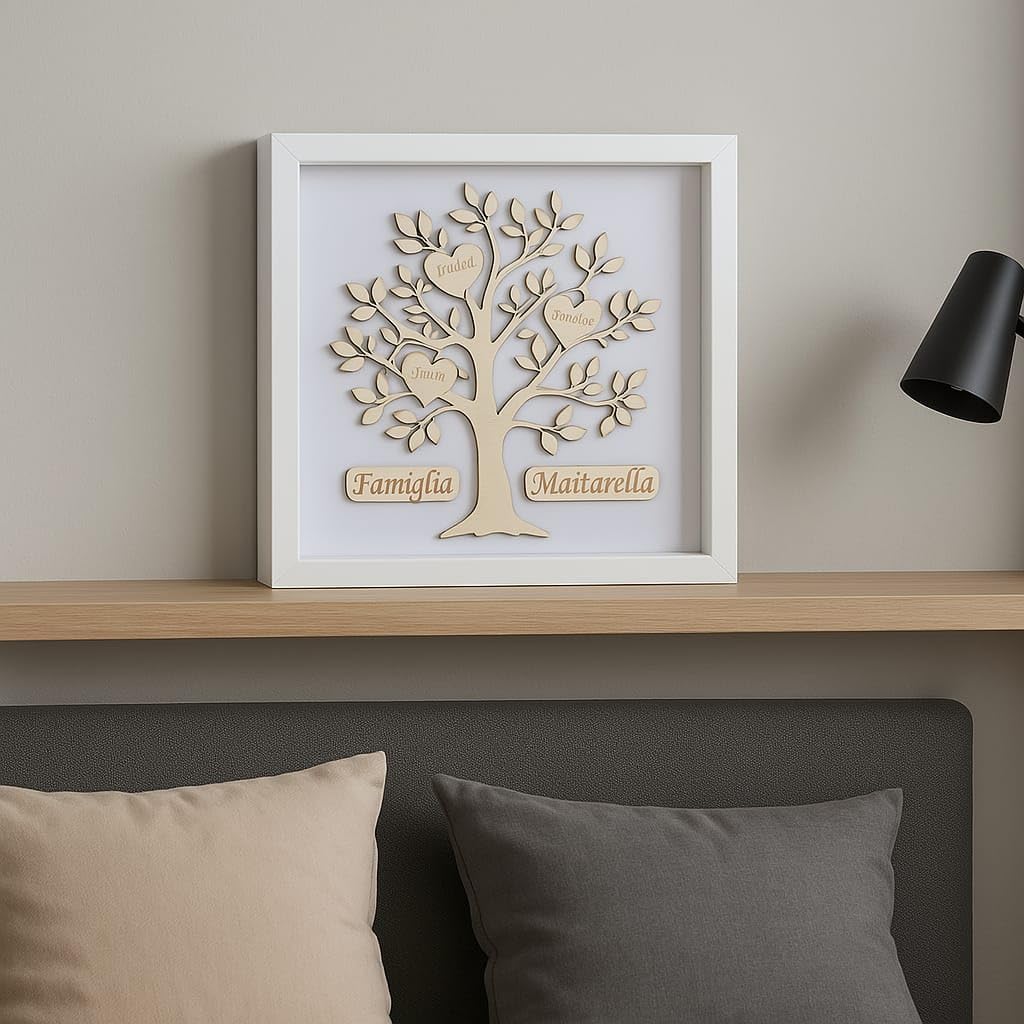 Stileitaliano Quadro Personalizzato Albero della Vita in Legno con Cornice, Regalo Famiglia con Nomi Incisi, Decorazione da Parete o Tavolo, Bianco