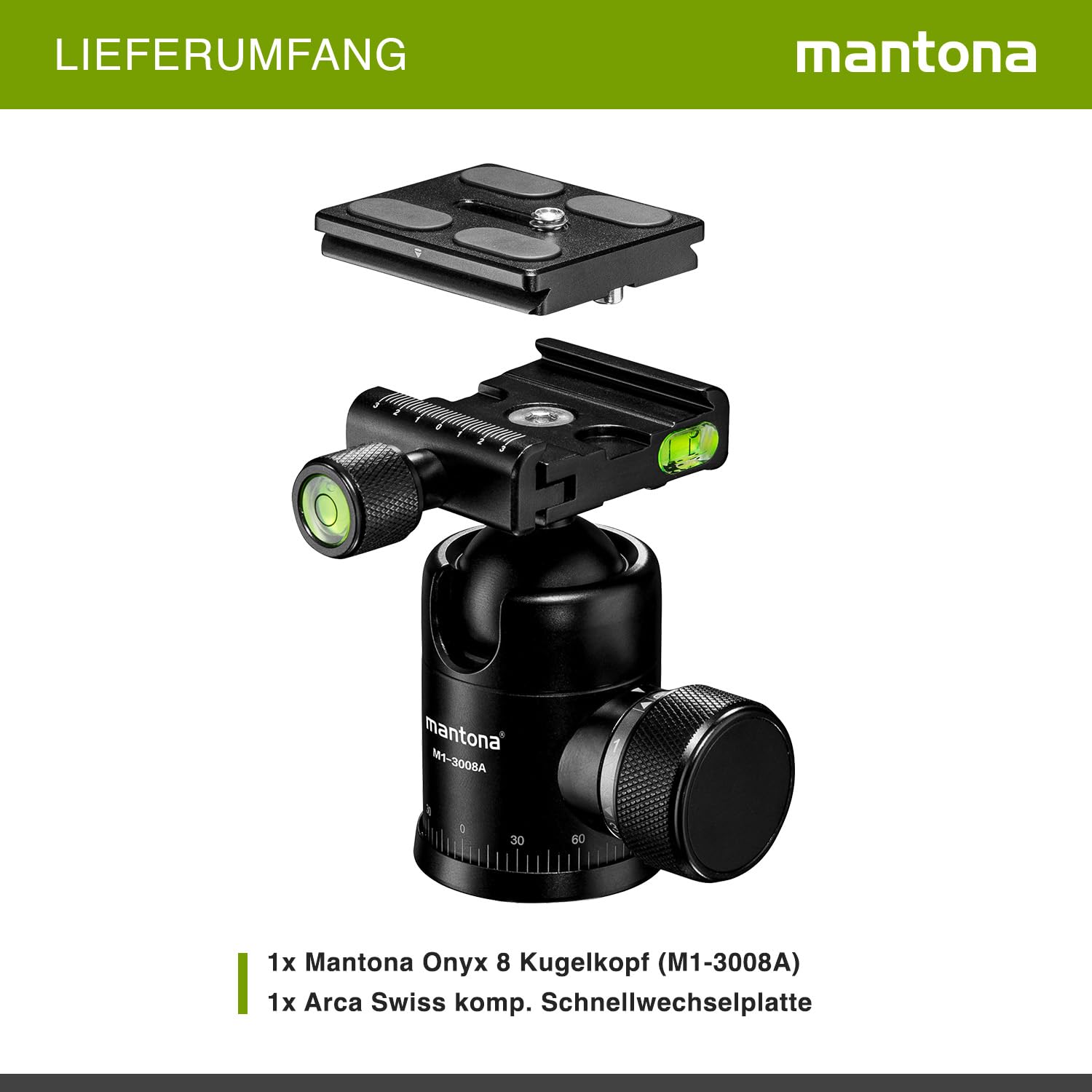 Mantona Onyx 8 Kugelkopf (M1-3008A), Stativkopf aus Aluminium mit Arca-Swiss kompatibler Schnellwechselplatte 50 mm, 360° Panorama-Funktion & 3 Wasserwaagen