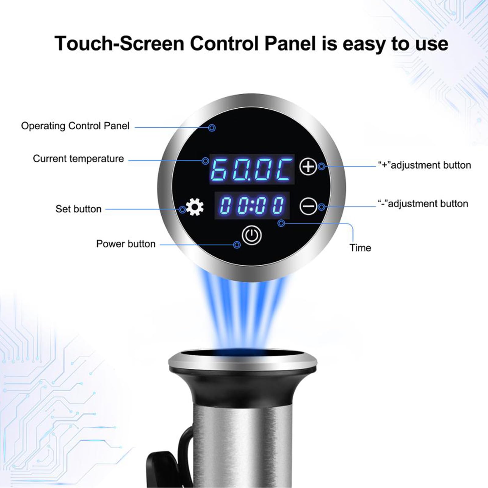XoTiq Cocina Sous Vide, Máquina Sous Vide 1200 W, Cocina de Precisión Impermeable IPX7 con Abrazadera Ajustable y Pantalla Táctil LED Digital, Control Táctil, Temperatura Precisa, Circulador