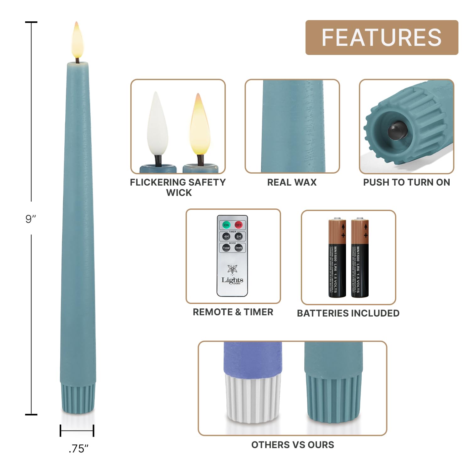 LampLust Blue Flameless Taper Candles Battery Operated