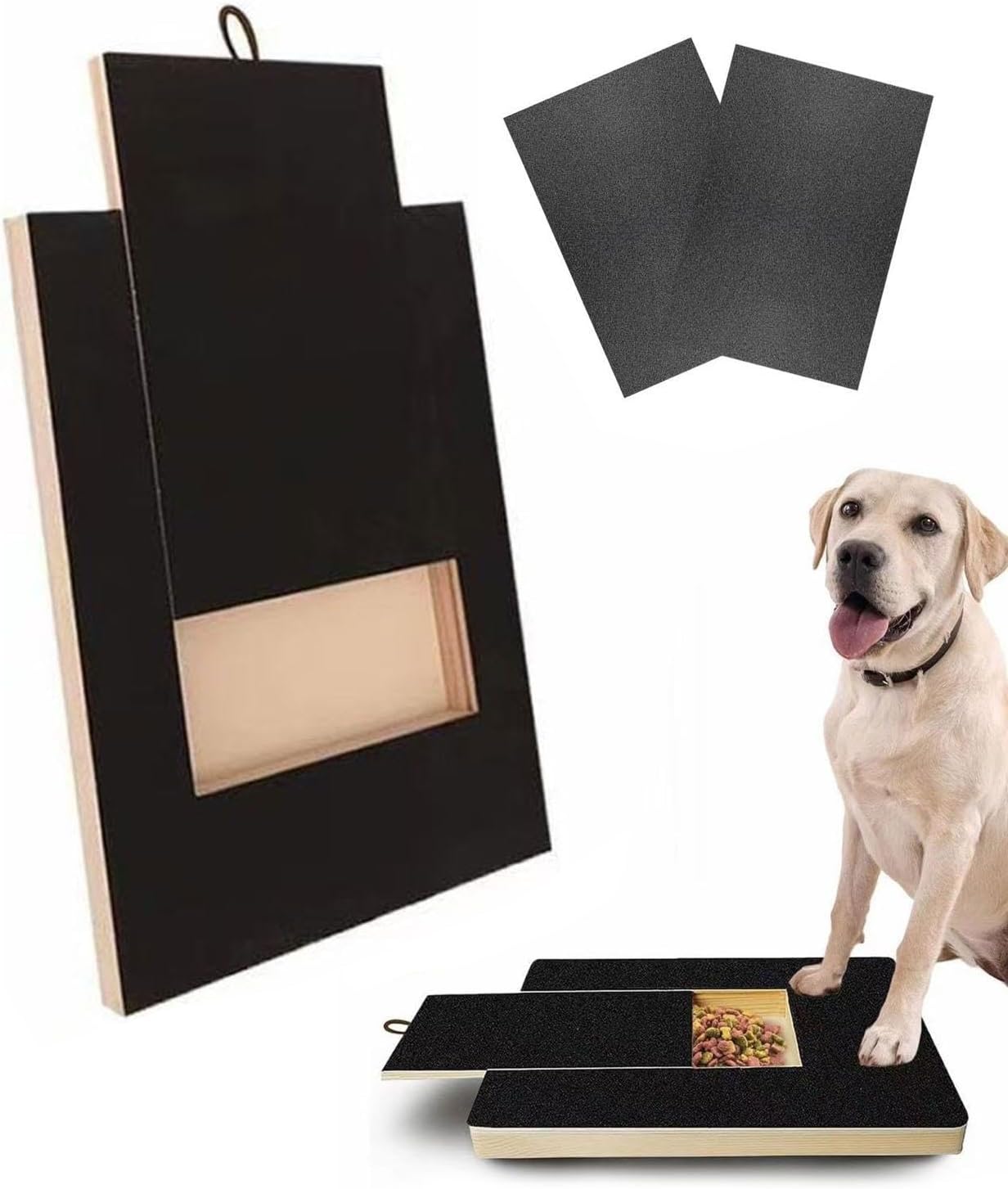 Dog Nail Scratch Board with Treat Box,35x25cm Dog Nail File Treat Board with 2 Spare Sandpaper,Pull-Out Pet N Ail Grinder Wooden Scratcher, Na Il Trimming B Oard Protects Furniture & Floors