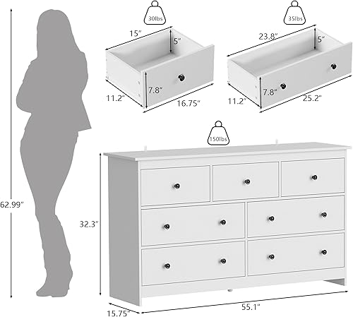 Miniatura 2 de Cómoda blanca de 55 pulgadas para dormitorio, cómoda grande de madera con 7 cajones profundos con asas negras, cómodas modernas y anchas de