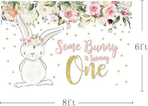 Miniatura 8 de MEHOFOTO - Telón de fondo para fiesta de cumpleaños de 10 x 7 pies, diseño floral rosa con purpurina dorada, conejito con texto en inglés "Some