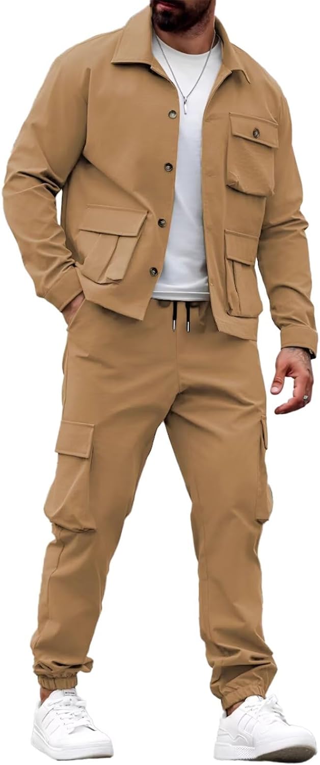 Men's Cargo Jacket Track suit 2 Pieces Set Outfits Casual Multi-Pockets Long Sleeve Jacket and Cargo Pants Set