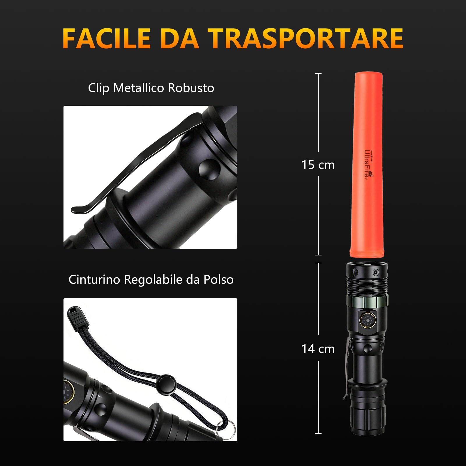 UltraFire Torcia a LED ricaricabile con bastone segnaletico, 500 lumen, zoomabile, 3 modalità, USB-C, per controllo del traffico, aeroporto, campeggio, emergenza, UF-303X (confezione da 2)