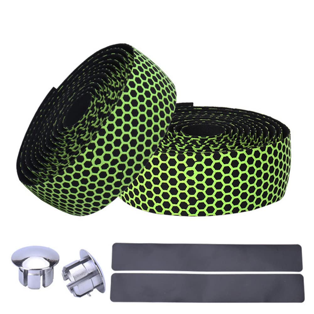 PU Leather Handlebar Belt for Road Bike Anti-Vibration Bicycle Handlebar Grip Wraps (Set of 2) with Bar Plugs,Dots (Green)