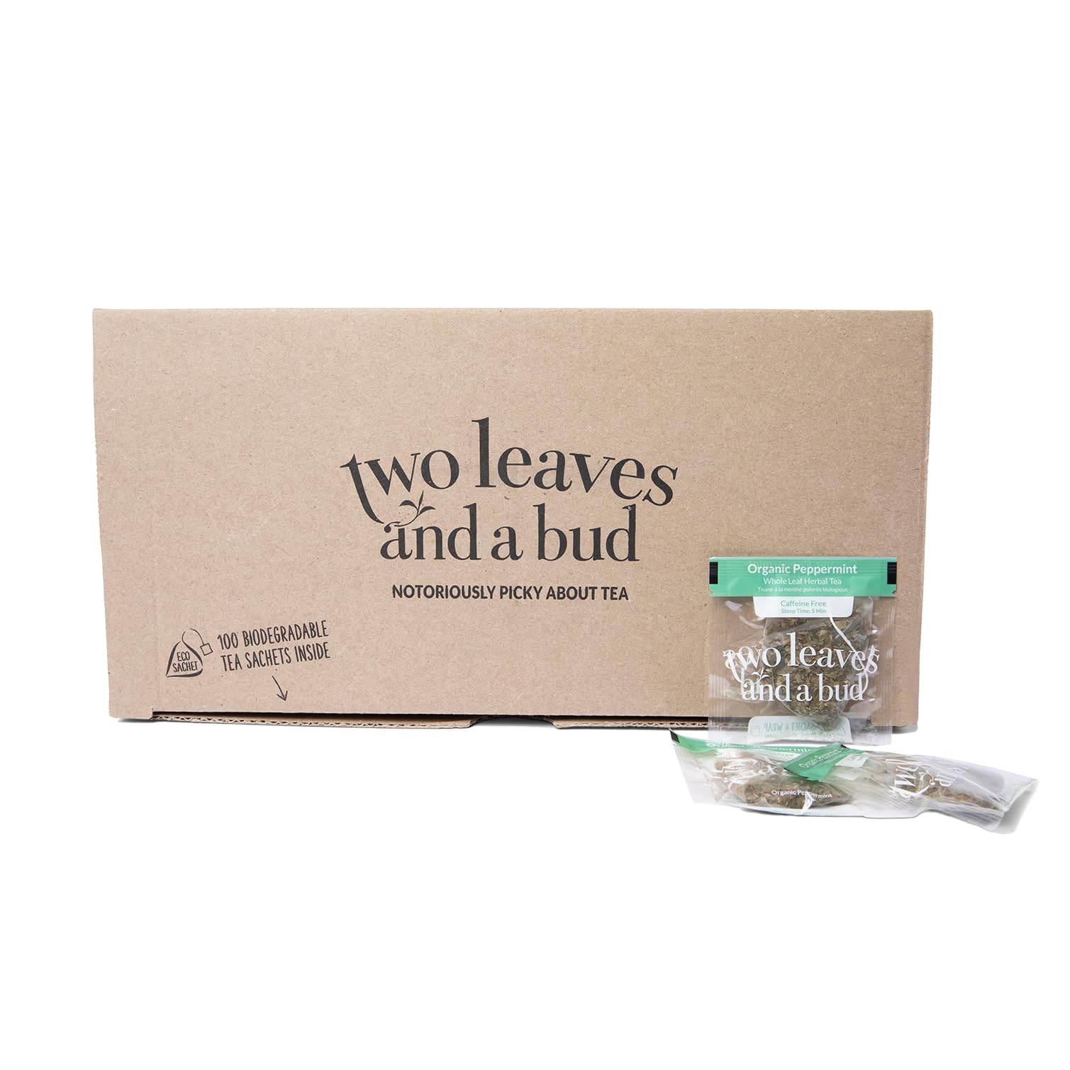 Two Leaves and a Bud Organic Peppermint Tea Bags, Naturally Caffeine Free, Herbal Whole Leaf Peppermint Tea in Compostable Sachets, 100 Count (Pack of 1)