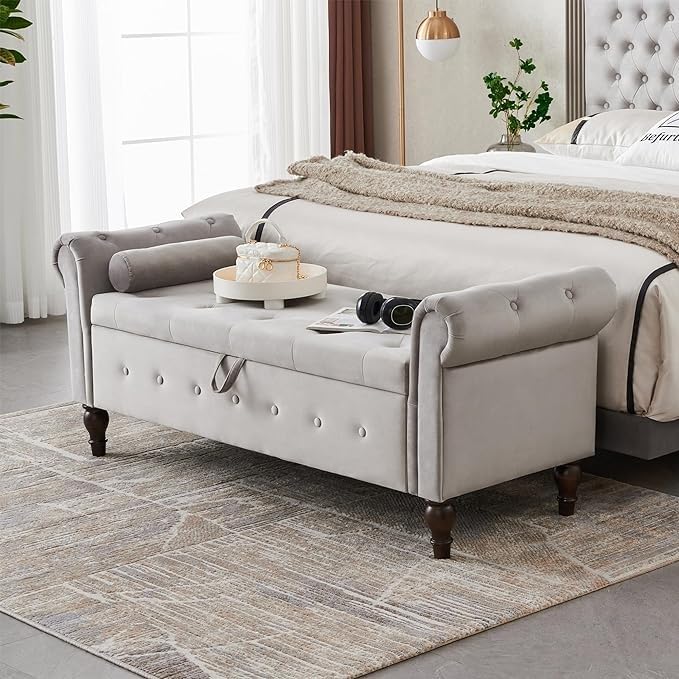 Image of LEGACY OF COMFORT F4 Velvet Upholstered Storage Bench Sofa Bench Sofa couches Rolled Arm Window Bench Ottoman Bench 2 Seater Sofa Chaise Lounger or Living Room Bedroom Office (Light Grey)