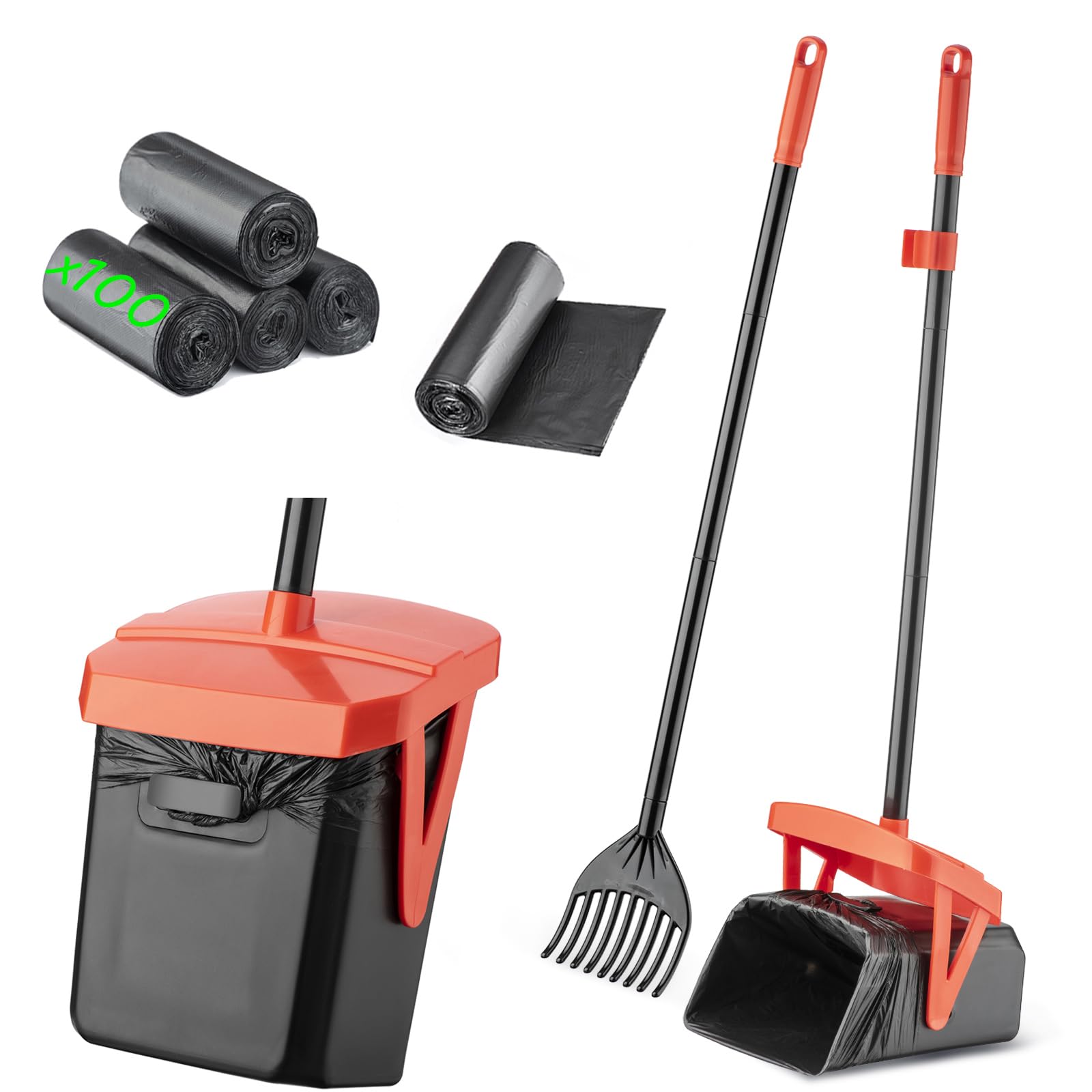 TIMINGILA 36" Pooper Scooper Swivel Bin & Rake with 100 Dog Poop Bags,Adjustable Long Handle for No-Bend Cleanup,Portable Non-Breakable Dog Poop Scooper for Large Medium Small Dogs