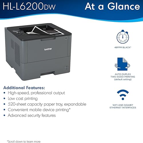 Miniatura 3 de Brother HL-L6200DW - Impresora láser monocromática inalámbrica de una sola función solo imprime - 48 ppm 1200 x 1200 dpi impresión automática dúplex