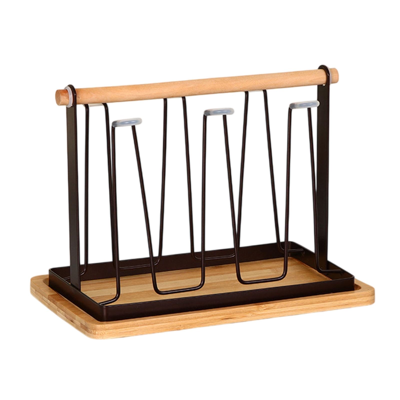 Glifora Iron Cup Drying Rack with Wood Handle and Drip Tray - Bottle Dryer Holder, Space-Saving Countertop Organiser for Mugs and Glasses, Kitchen Countertop Organisation