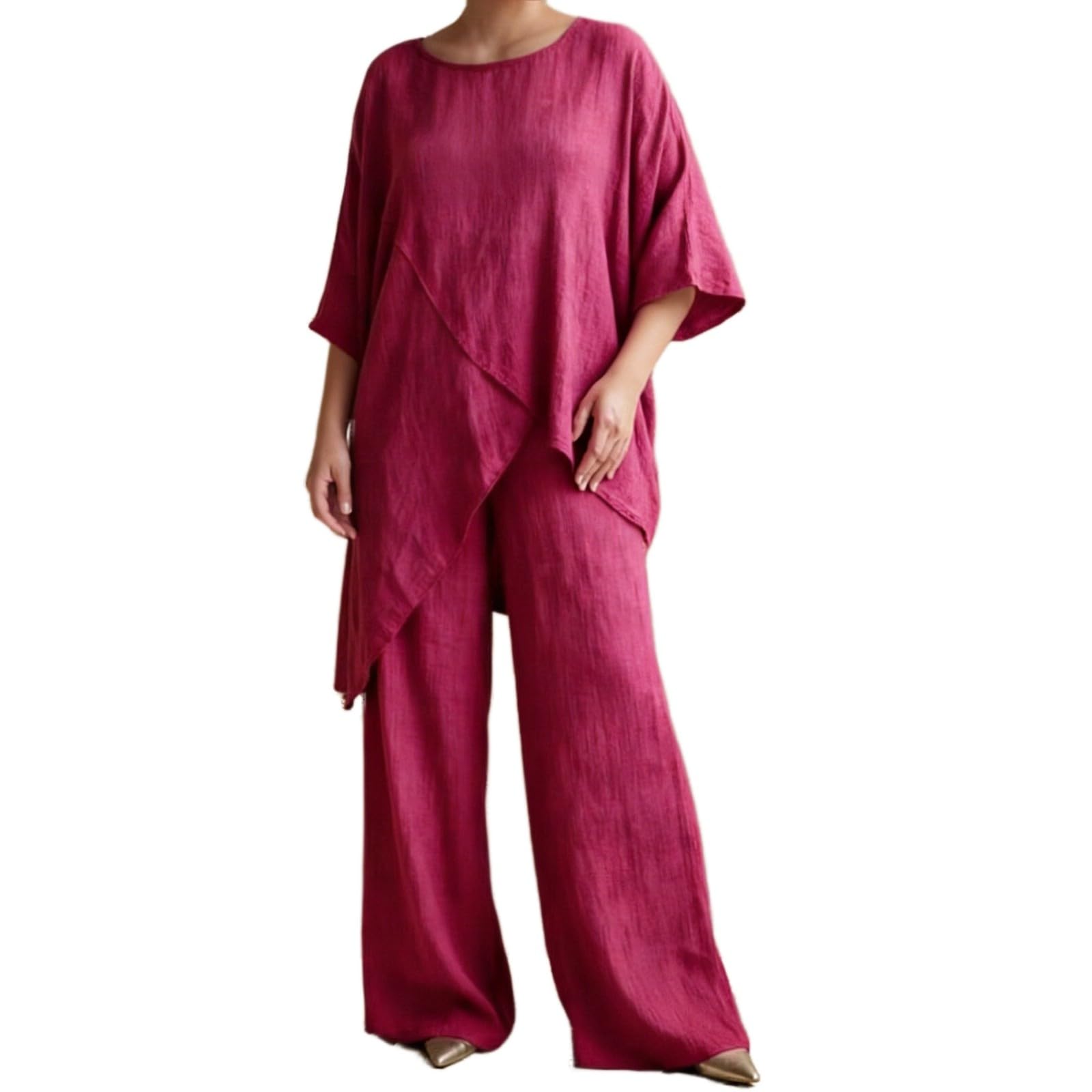 Ensemble Lin de 2 Pièces pour Femme avec Haut Manches Courtes Coupe Trapèze et Pantalon a Jambe Large Casual Ensemble Chic et Elegant Couleur Unie pour Fête Cocktail Invités de Mariage Classique Set