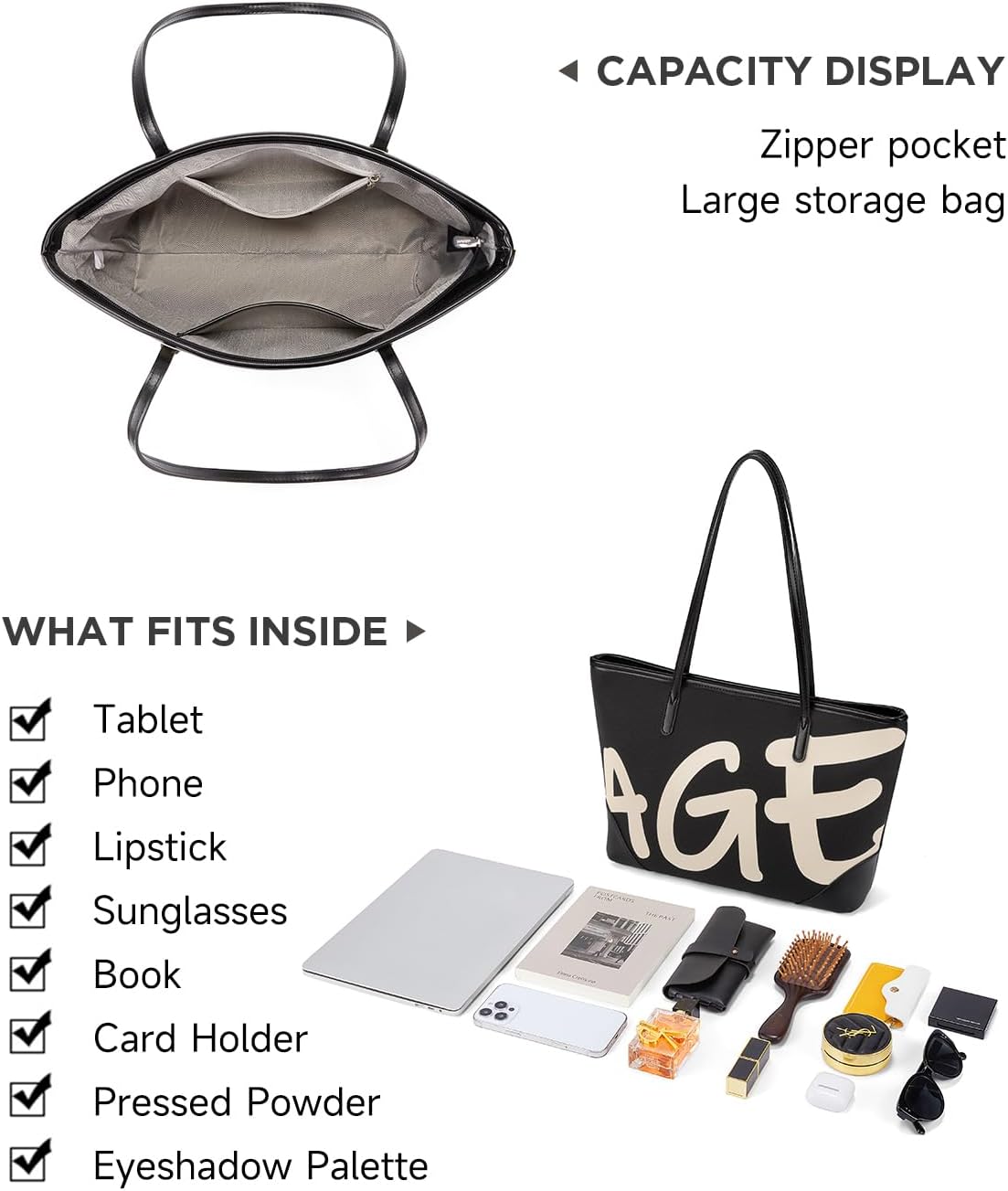 Tote Bag for Women, Work Tote Bag with Zipper, Vegan Leather Shoulder Handbags for Travel Commute, Gifts for Women