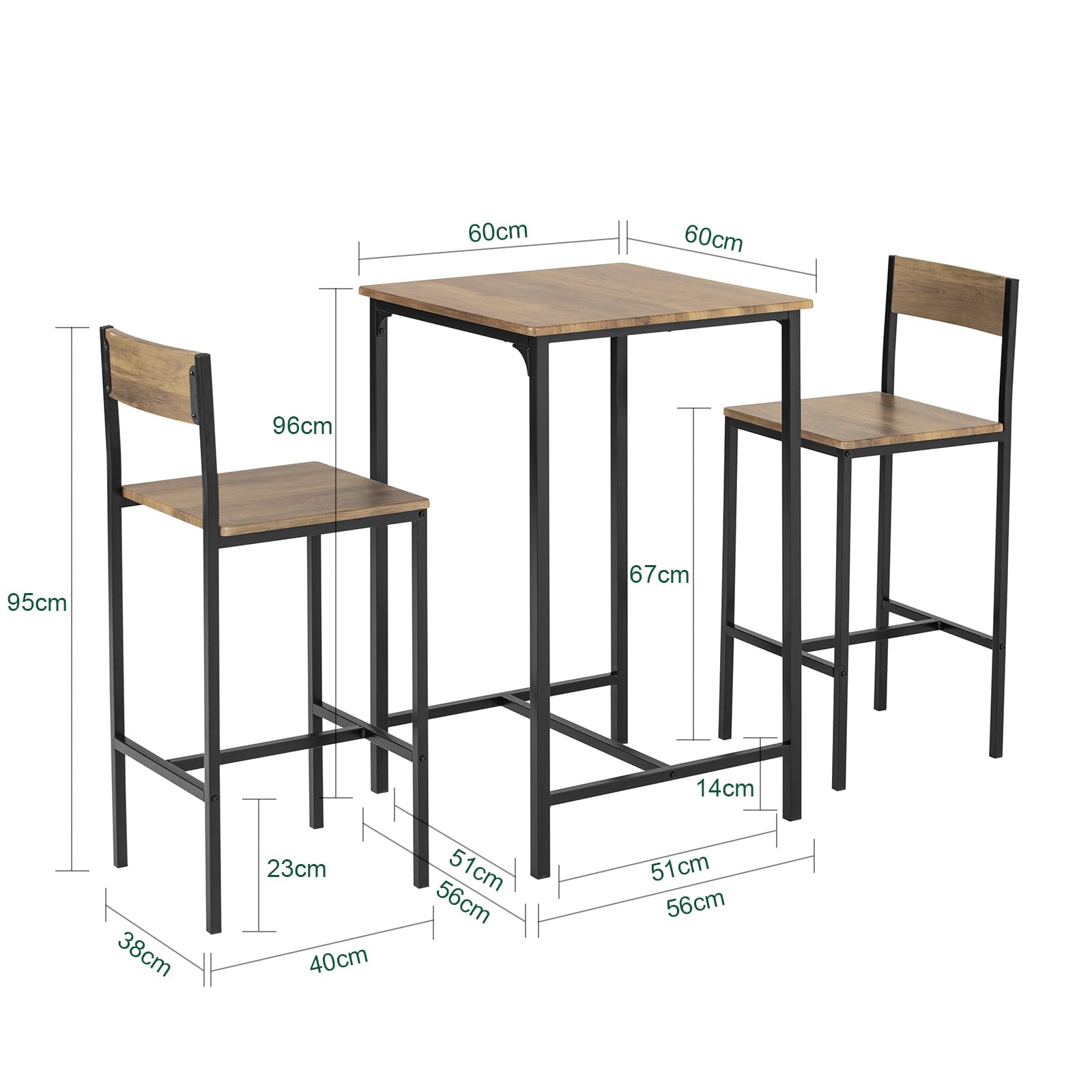SoBuy Ensemble Table Haute Mange Debout Cuisine avec 2 Tabourets, Table de Bar Haute, Mange Debout avec Tabouret, Table Bar Cuisine, Table Haute Exterieur, MDF & Métal, Bois, OGT27-N