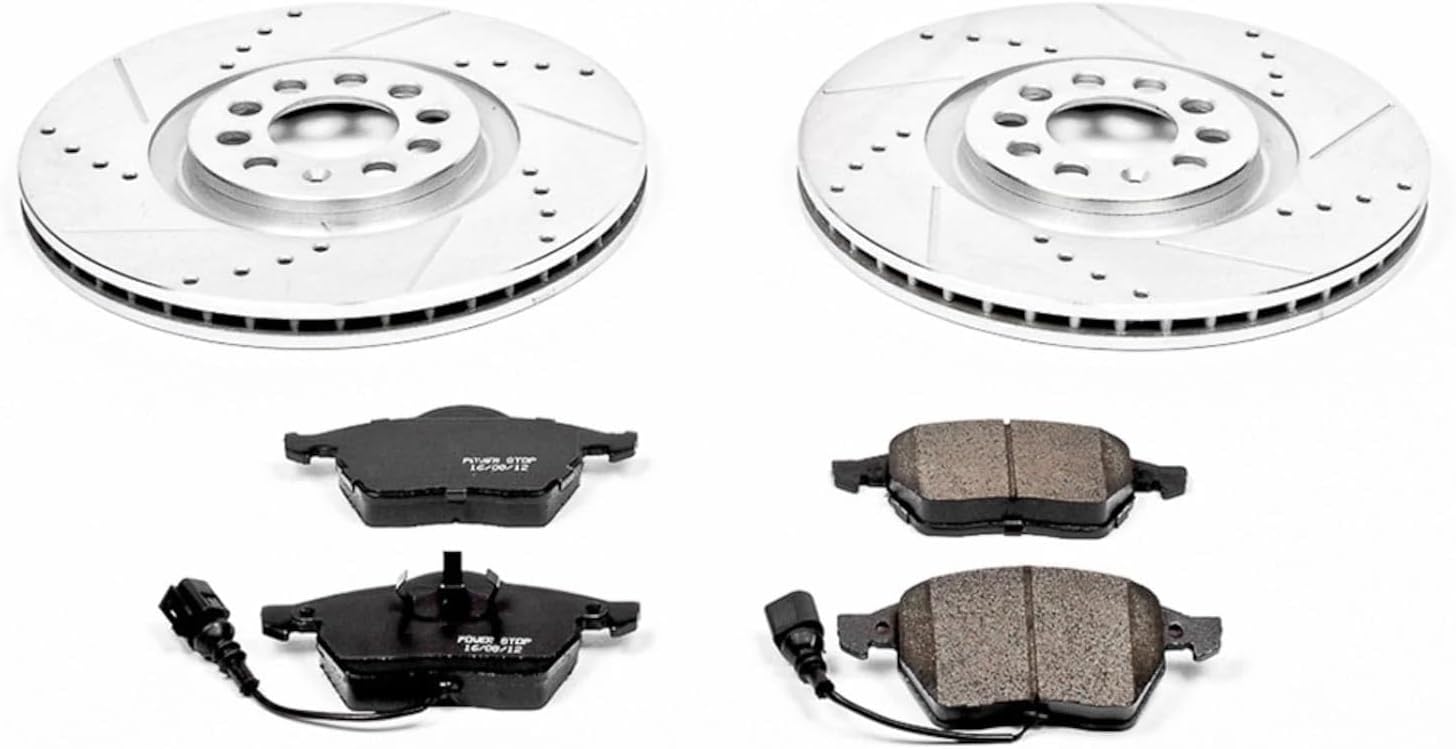 PowerStop Front Brake Kit For Audi TT 2000-06 |TT Quattro 2000-06 |Volkswagen Golf 2002-04 |Jetta 2004-05 - Drilled and Slotted Disc Rotors with Ceramic Brake Pads Replacement, K914