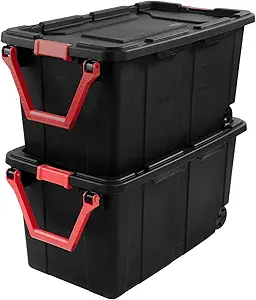 2 Pack 40 Gallon Industrial Storage Bin with Wheels, Heavy Duty Black Rolling Storage Box with Lid and Handle