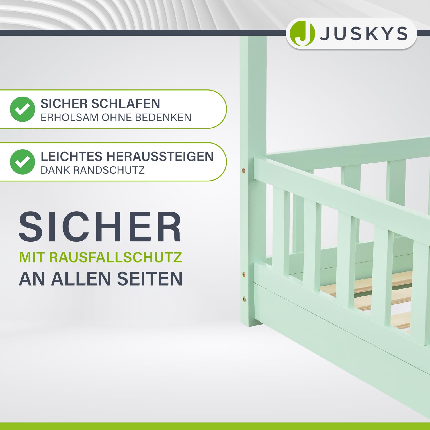 Juskys Cama infantil Marli 90 x 200 cm con barrera anticaída, somier de láminas y techo - Cama caseta de madera maciza para niños - Color menta