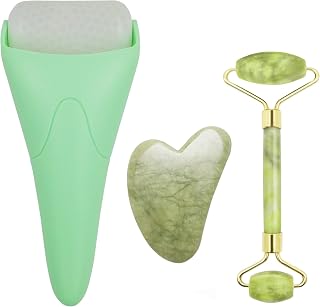 3 in 1 Ficial Face Ice Jade Roller and Gua Sha Tool, Natural Real Jade Anti-Wrinkle Face Eye Neck Massager Tool, Reduce Wrinkles, Puffiness, Migraine, Redness, 