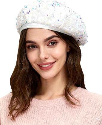 Sparkly Sequin Beret for Women Glitter Velvet Beanie French Beret Hats Adjustable Painter Cap Fall Winter Hat