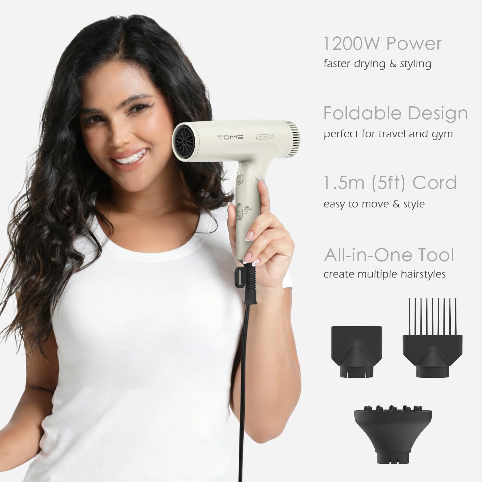 TOME Dual Voltage Travel Hair Dryer, Foldable Blow Dryer, DC Motor