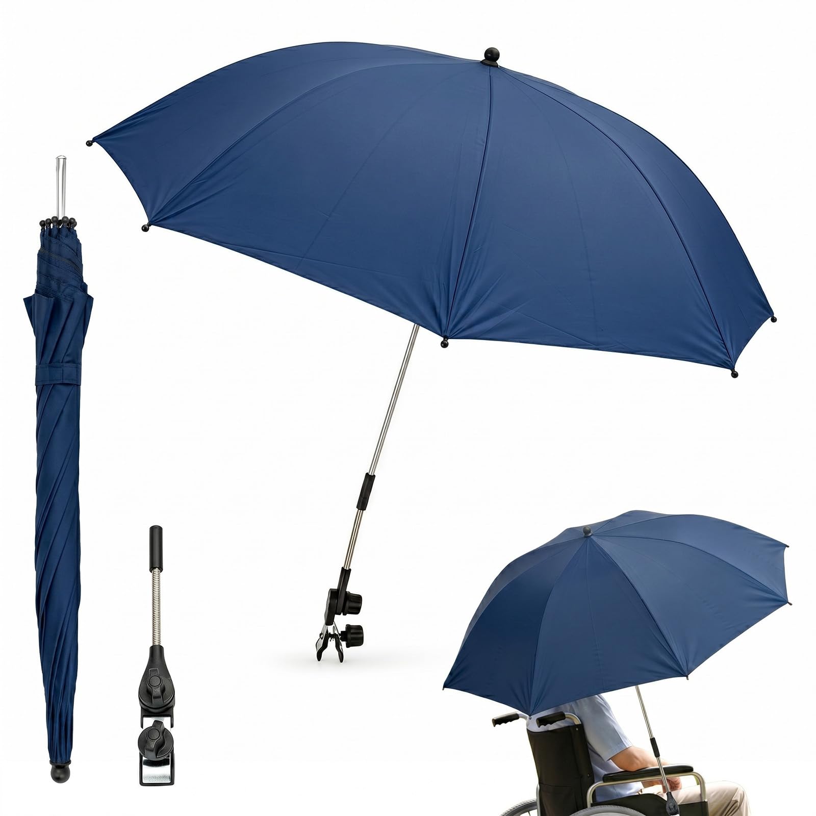 Sunnynest Navy Blue Beach Chair Umbrella With Clamp, 102Cm Diameter 360° Adjustable Portable Parasol, Upf50+ Waterproof Sun Shade For Beach Chair, Stroller, Wheelchair, Golf Cart & Camping (Navy Blue)