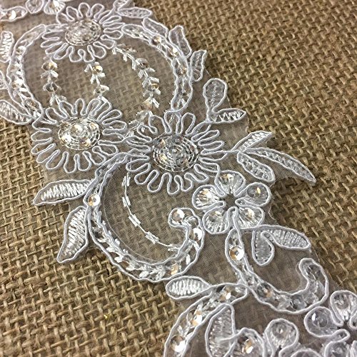 Bridal Lace Trim Alencon Embroidered Corded Sequined Organza, Beautiful Quality, 3" Wide, 2 Yards, Choose Color. For Veils Wedding Costumes Crafts, White - Amore Fabrics #TOP3