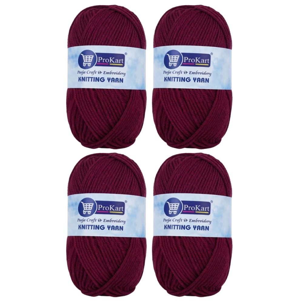 ProKart Premium Woolen 4 ply Hand Knitting Wool Yarn | Fine Weight Knitted and Crocheted Soft Yarn for Sweater, Scarf, Hat, Baby Clothes, Baby Sports, Purse, Gift Bags & DIY Craft Accessories Projects (1 Ball/100 Gram Each) (Maroon, 100gms x 4 Pack)