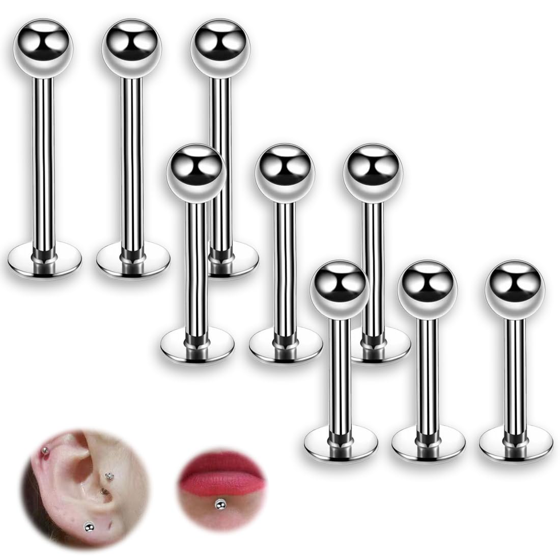 Acero Quirúrgico Piercing Labio 9 Pcs Labret Hilo Interno Tragus Helix Cartílago Pendientes Joyería