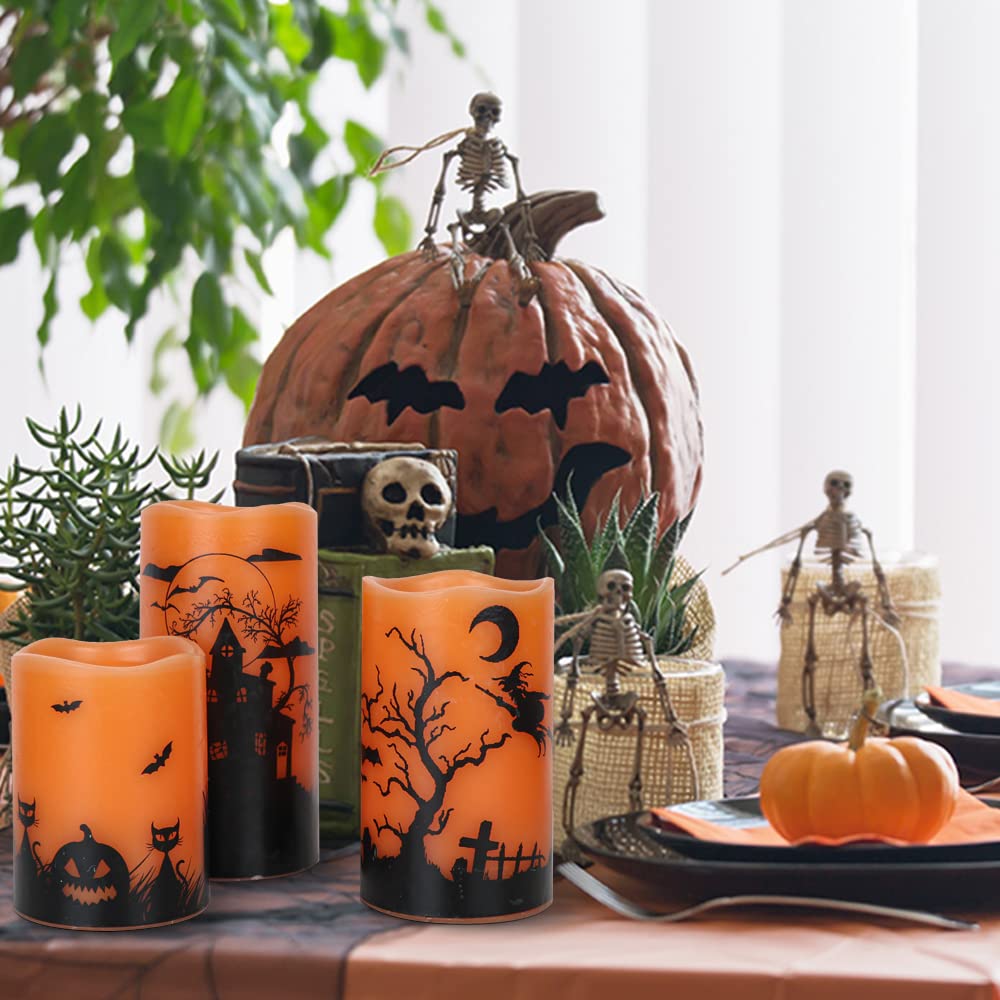 GenSwin Candele di Halloween con timer, candele tremolanti senza fiamma a batteria, confezione da 3 candele in vera cera, per decorazioni per la casa di Halloween (7,6 x 10,2 cm x 15,2 cm)