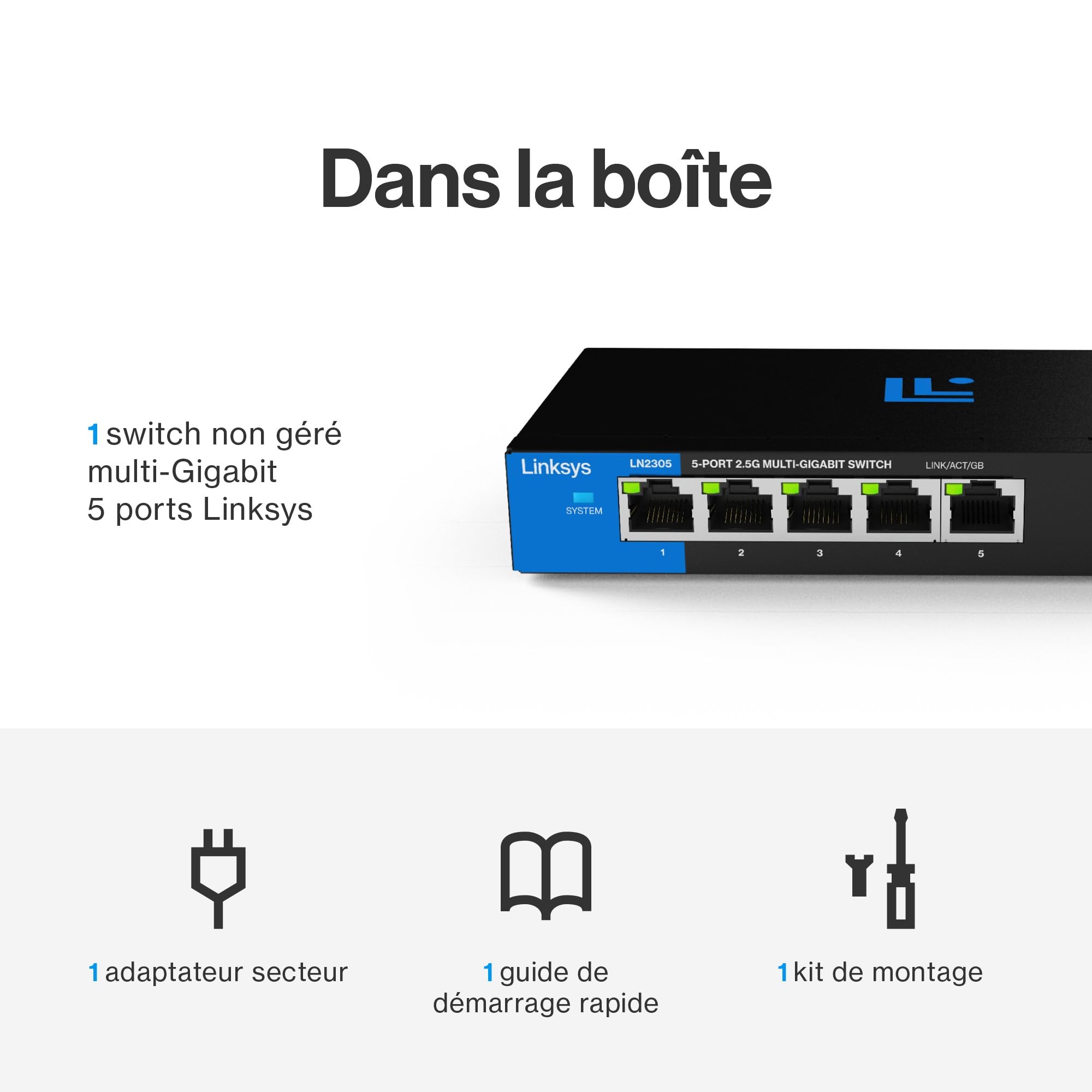 Linksys Commutateur Non géré Multi-Prises 5 Ports 2,5 G | Ethernet économe en énergie | Contrôle du Flux Duplex intégral | Idéal pour Les Petits Bureaux et Les Bureaux à Domicile avec Design sans