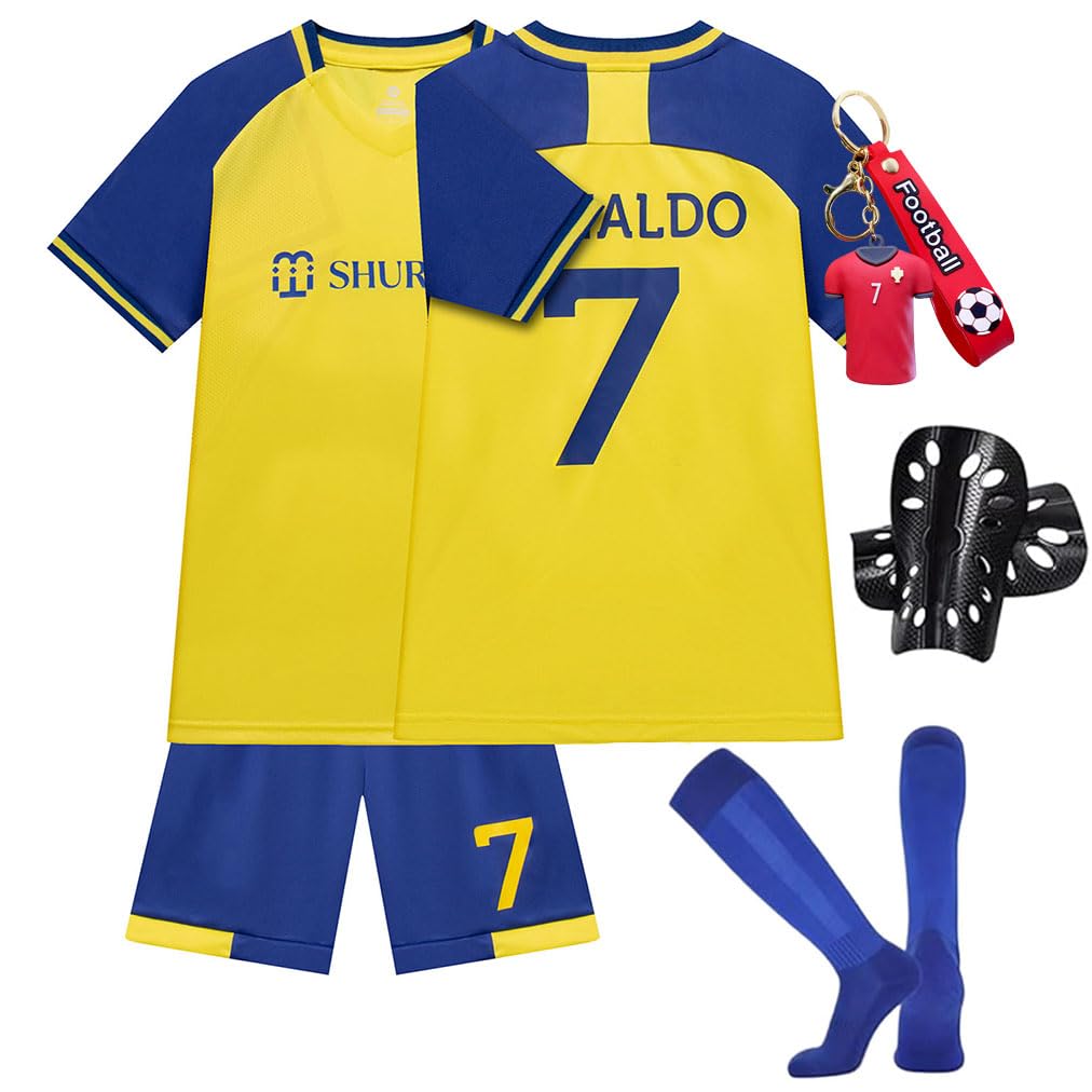 Maglia da calcio per bambini, n° 7, maglia da calcio, maglietta da calcio, pantaloncini e parastinchi set esterno per ragazzi