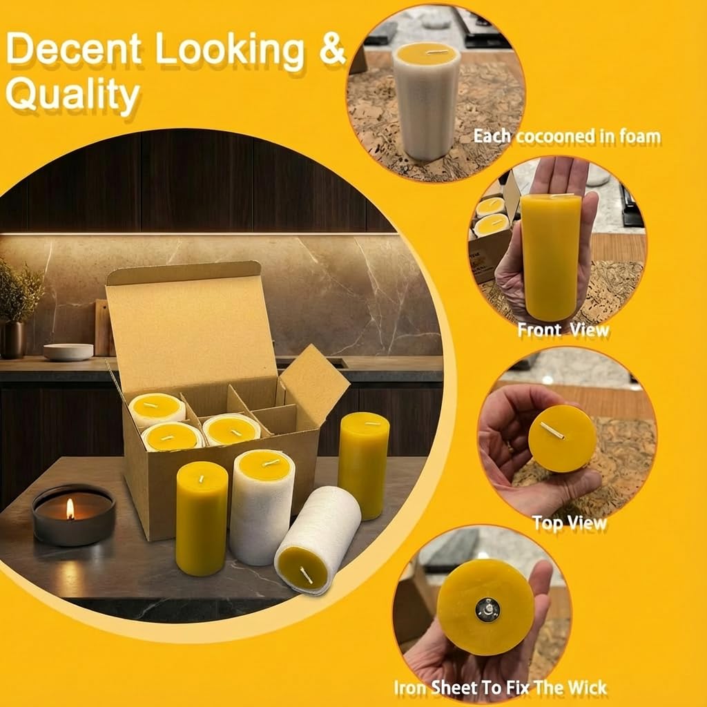 Velas de cera de abeja pura para el hogar, 2 x 4 pulgadas, tiempo de combustión de 28 horas, sin humo, juego de 6