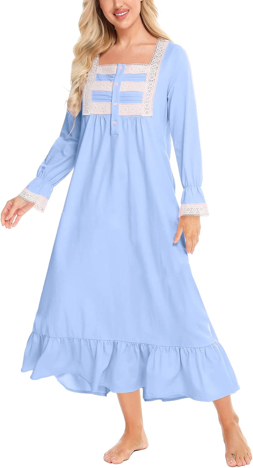 Rubehoow Women's Nightgown Victorian Nightwear Long Sleeve Vintage Pajama Dress Soft Cotton Loungewear with Pockets