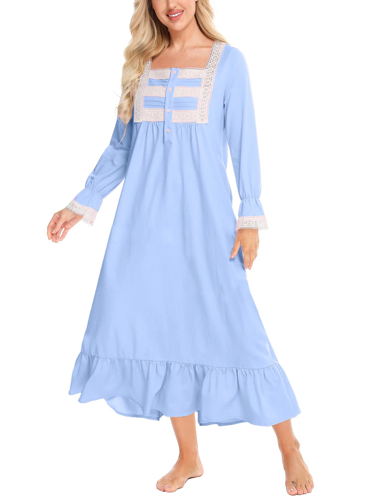 Rubehoow Women's Nightgown Victorian Nightwear Long Sleeve Vintage Pajama Dress Soft Cotton Loungewear with Pockets