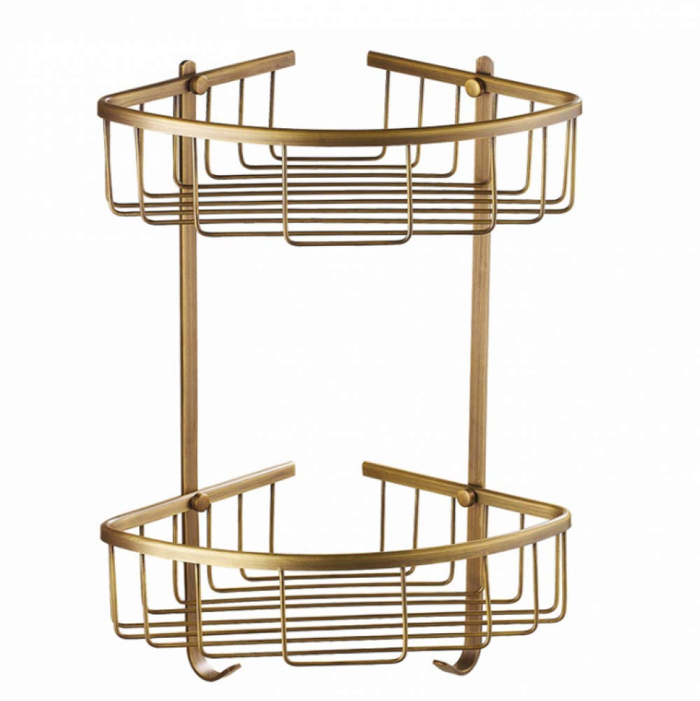 Cesta de almacenamiento de latón macizo antiguo doble estante de esquina de baño montado en la pared, soporte para colgar en la ducha, estante de baño triangular dorado con ganchos, resistente al
