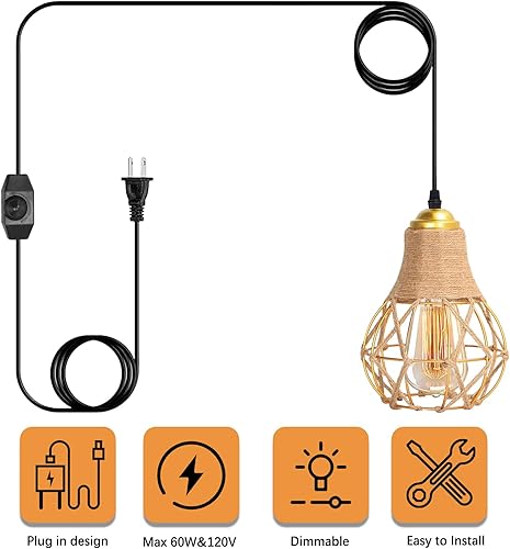 Miniatura 6 de Lámpara colgante tejida dorada con enchufe, luces colgantes de granja con interruptor y cable de 16.4 pies, lámpara colgante de mimbre para cocina,