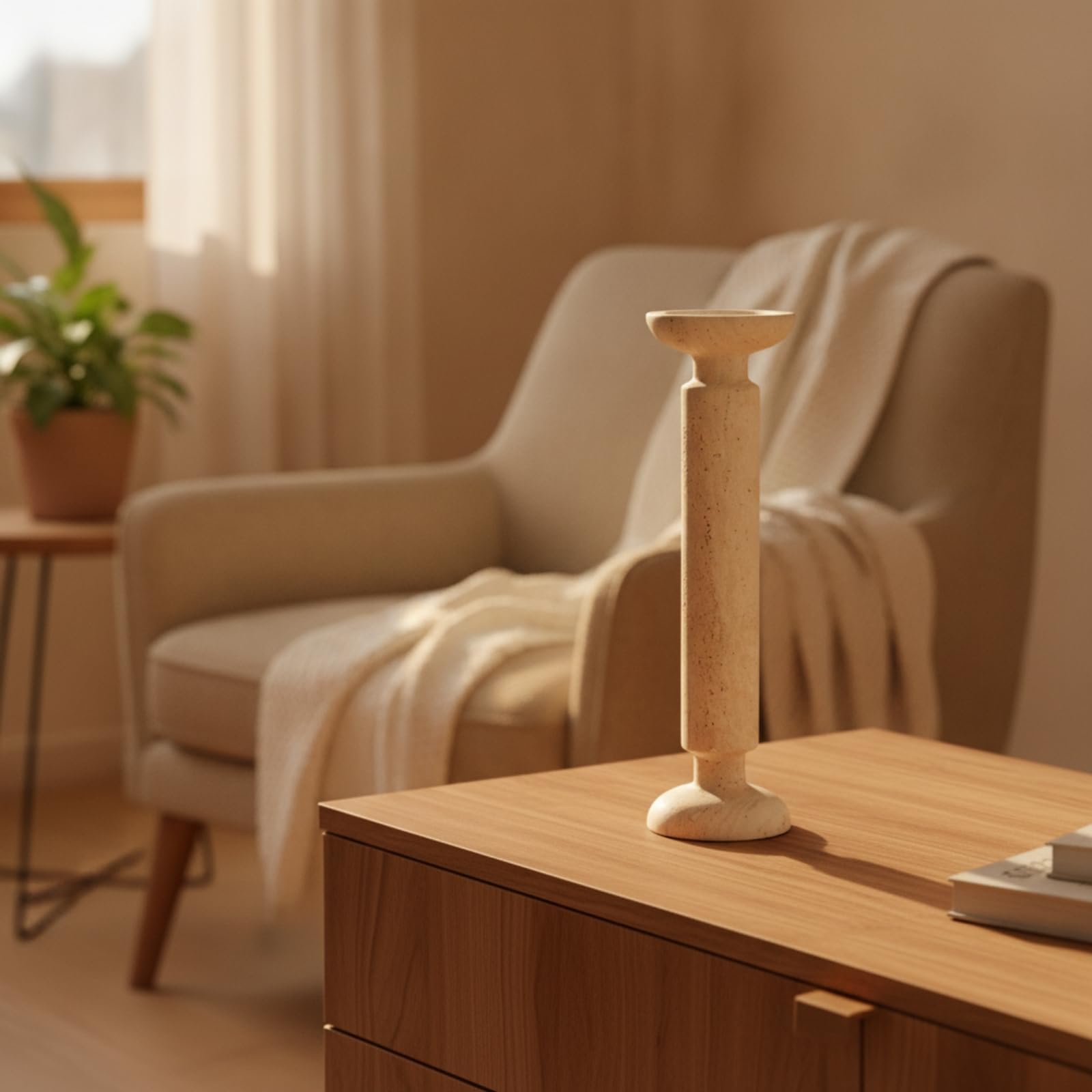 Portacandele in Travertino Moderno Candeliere Elegante Oggetto Decorativo per Soggiorno, 8.5 8.5 30.5cm