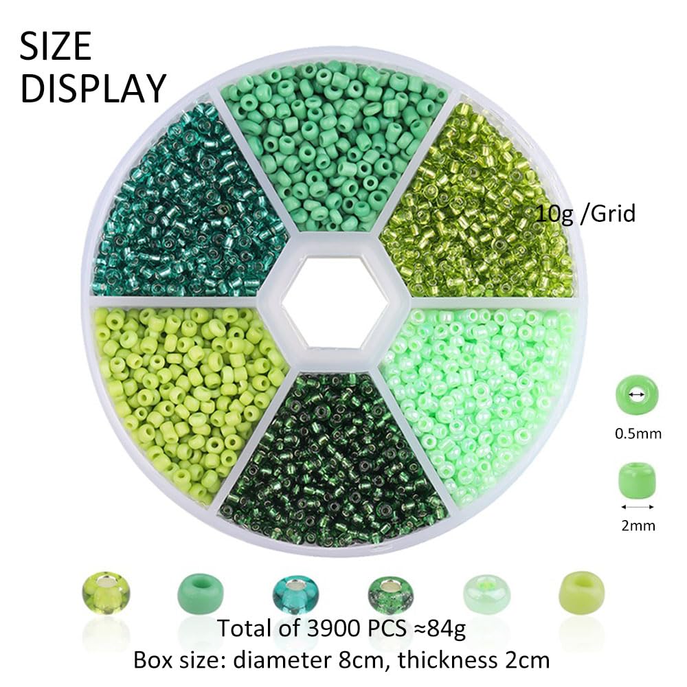 1 Box Small Round Glass Seed Beads, 2mm Mixed Colors Glass Seed Beads for Crafting Beading, Keychain Making, About 3900Pcs, Green Tone - Image 2