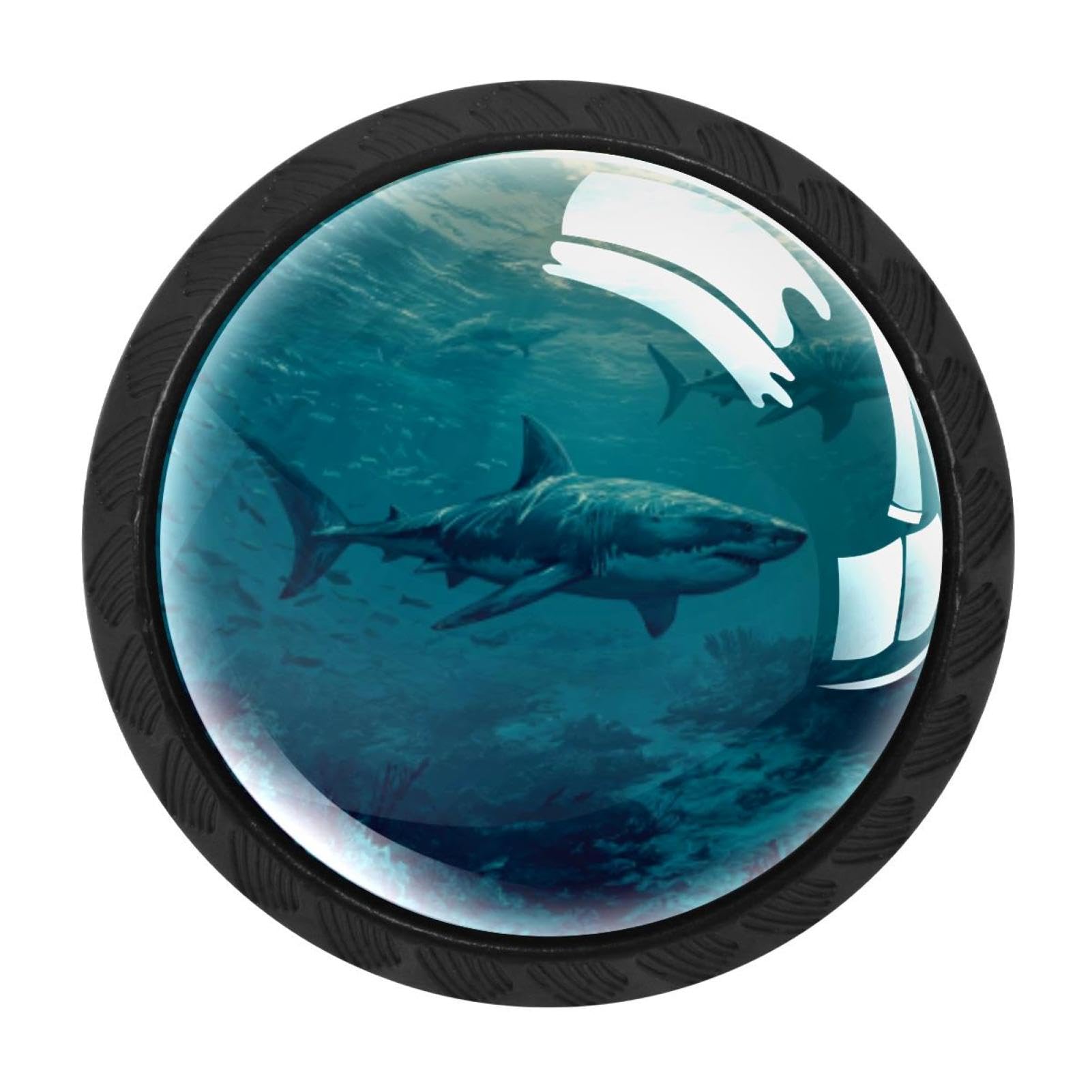 CHENZZZZ 4 Pack Black Sharks Sea Ocean (1) Drawer Knobs, Cabinet Knobs Round Glass Knobs for Kitchen Cabinet Hardware Bathroom 35MM
