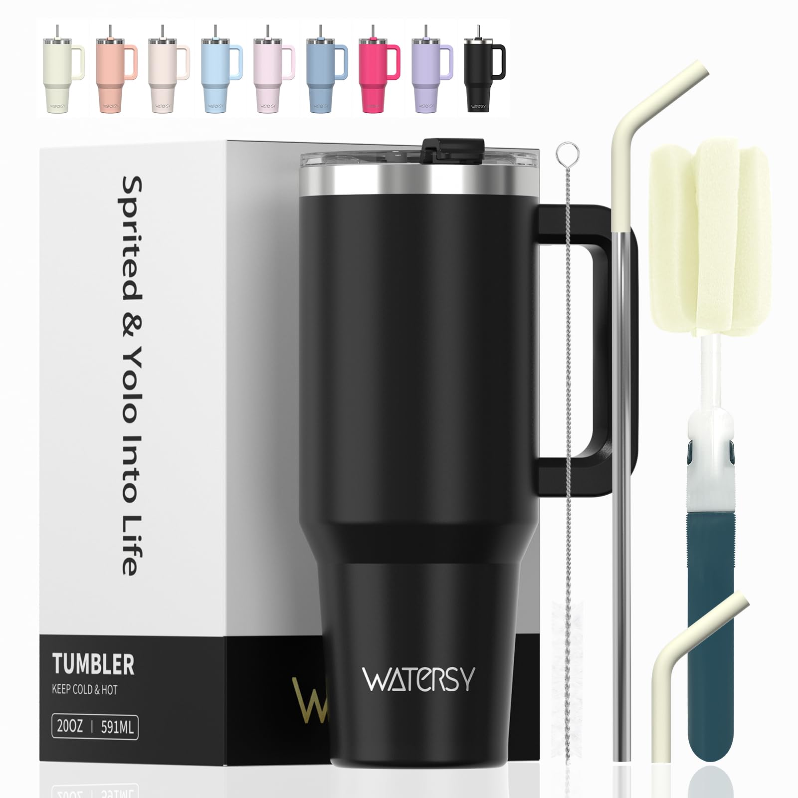 WATERSY Travel Mug Coffee Cup 20oz Tumbler Straw Lid and Handle