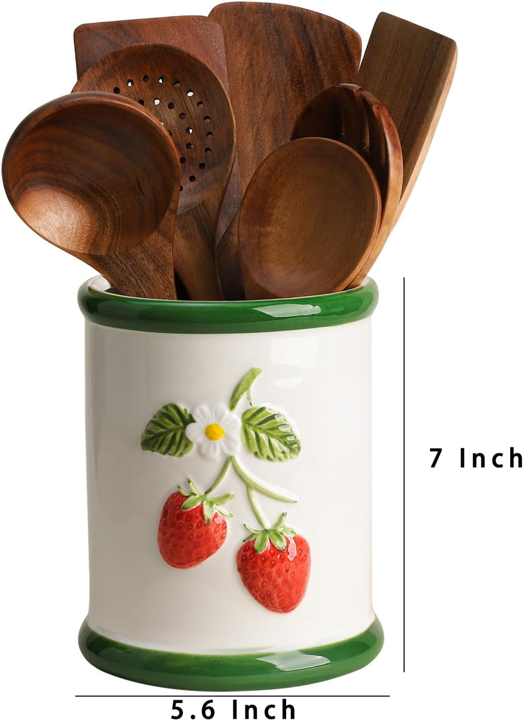SOCOSY Ceramic Fruit Embossed Kitchen Utensil Holder For Countertop, Large Cooking Utensil Crock Holder Spatula Holder-Strawberry