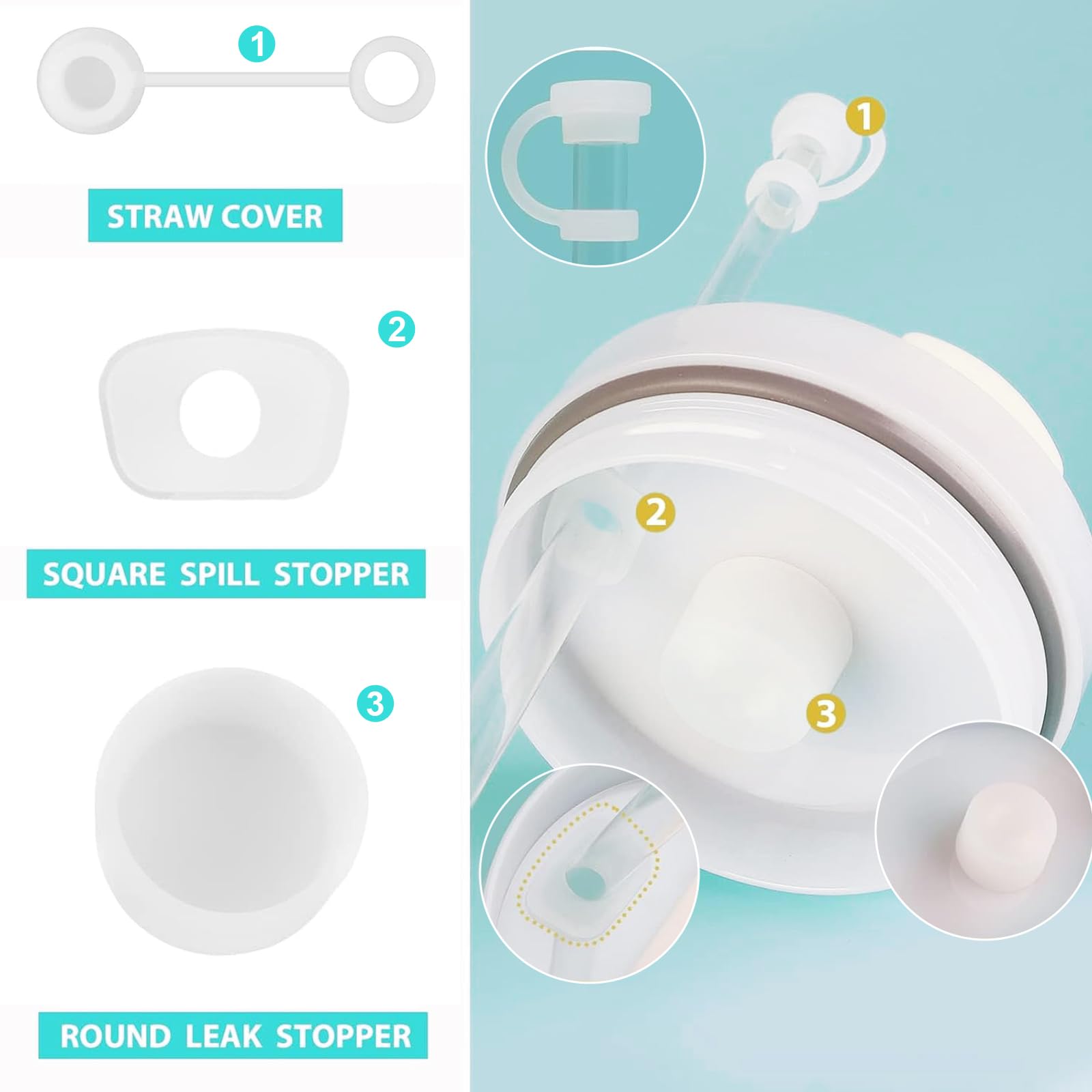 6st Siliconen Morsstop, Lekstop voor Stanley Cup 1.0 40oz/ 30oz, Bekeraccessoires, Inclusief 2 Rietjesdeksels, 2 Ronde Morsstoppers en 2 Vierkante Morsstoppers