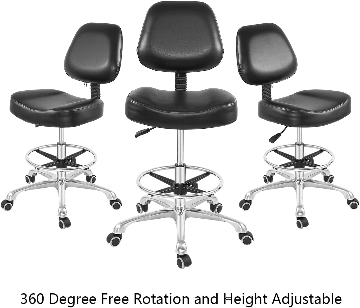 Grace&Grace Drafting Chair Tall Office Stool with Wheels,Heavy Duty Shop Stool Chair for Studio,Workshop,Office, Home Office (Black, Classic with Footrest)