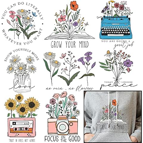 8 Sheets Vintage Flowers Iron On Transfers - Htv Heat Transfer Vinyl Iron On Decals Patches Design - Iron On Stickers T-Shirts Clothing Hats Pillows Backpacks for Women Crafts Cover