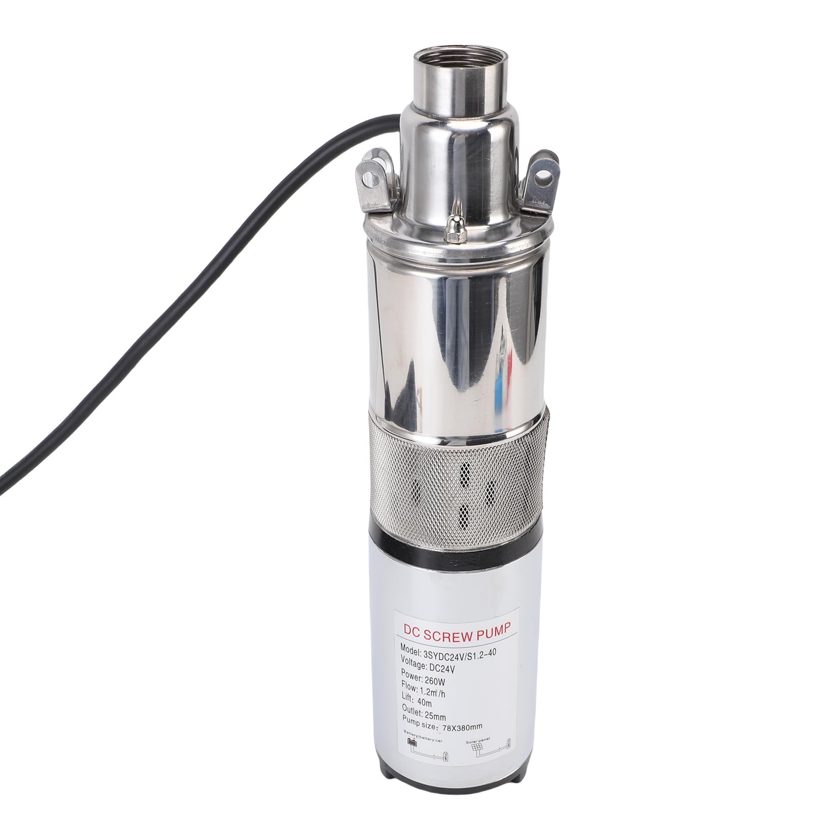 Bomba de Tornillo Sumergible para Pozo Profundo con Energía Solar de 24 V, Bomba de Riego de Acero Inoxidable de 260 W con Cabezal de 40 M, Caudal de 1,2 M³/h, Cable de 10 M para Bombeo de