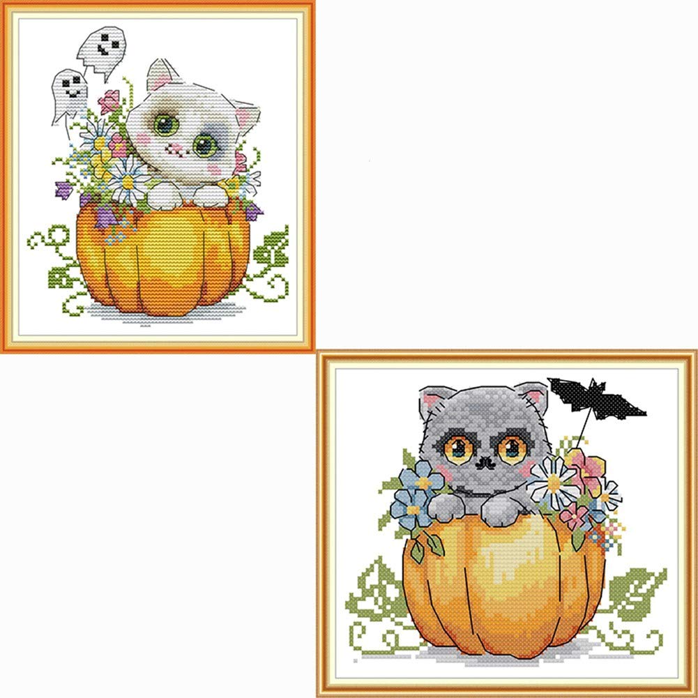 Zestawy do haftu krzyżykowego, fantastyczne Halloween dynia dla kotów proste wzory haft krzyżykowy zestaw materiały Boże Narodzenie, stemplowane lub liczone (2 szt., stemplowane)