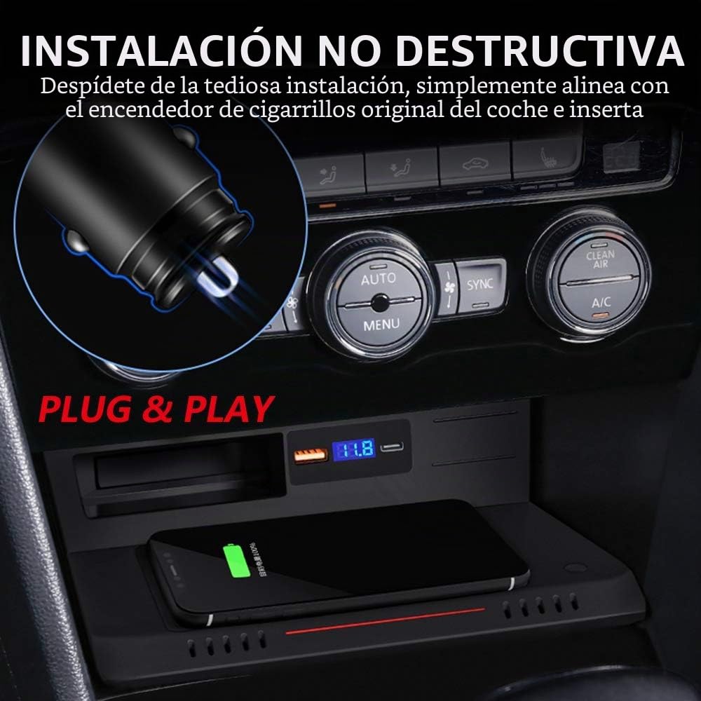Cargador Inalámbrico Coche Auto Compatible con VW Tiguan 2018 2019 2020 2021 Consola Central Panel, 15W Qi Carga Rápida Coche Teléfono Cargador con QC3.0 USB y 18W PD para iPhone Samsung